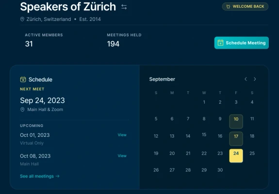 Club dashboard with schedule, stats, and calendar