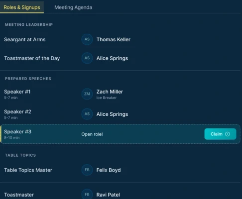 Roles and signups screen showing meeting leadership and prepared speeches